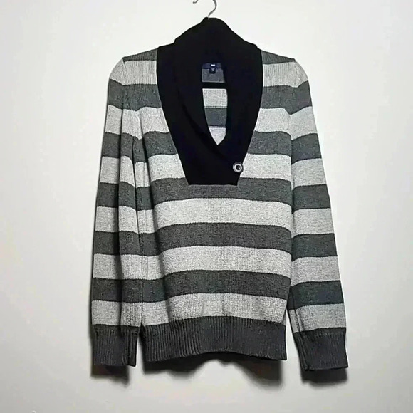 GAP Striped Cowl Neck Sweater In Black And Grey Size Medium - Picture 1 of 9